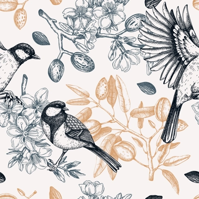 Floral spring garden seamless pattern. Birds on almond branches vintage background design. Great tit with blooming twigs, nuts, flowers, leaves backdrop. Wildlife vector illustration for prints